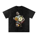 Manny Pacquiao graphic t-shirt featuring multiple gold boxing championship belts and red signature on black snow-washed tee