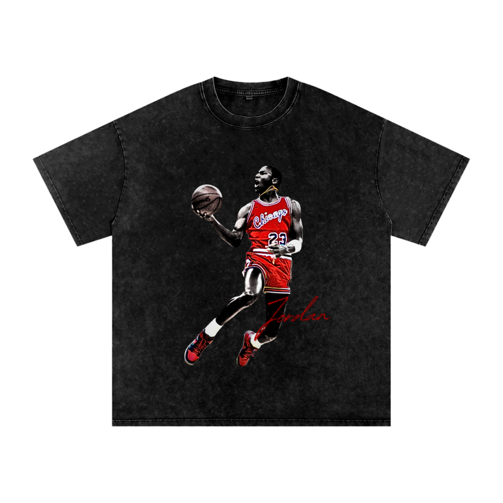 Michael Jordan dunking graphic tee featuring Jordan in red Chicago No. 23 basketball uniform on black snow washed t-shirt