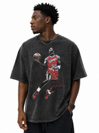 African American model wearing oversized black snow washed Michael Jordan dunking 23 graphic tee