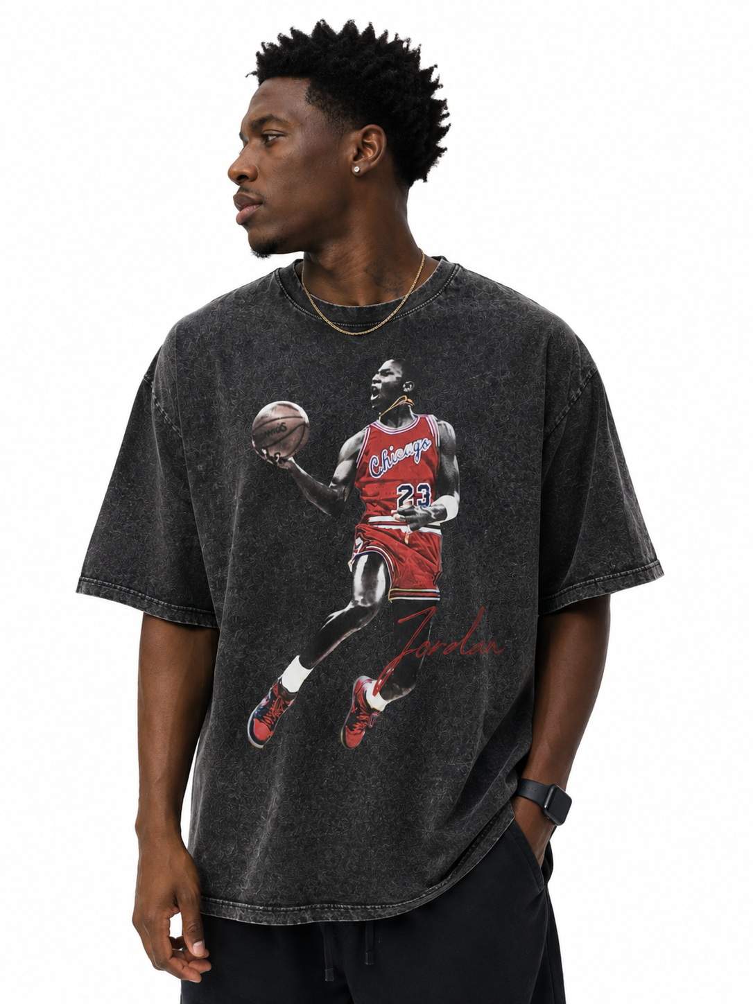 African American model wearing oversized black snow washed Michael Jordan dunking 23 graphic tee