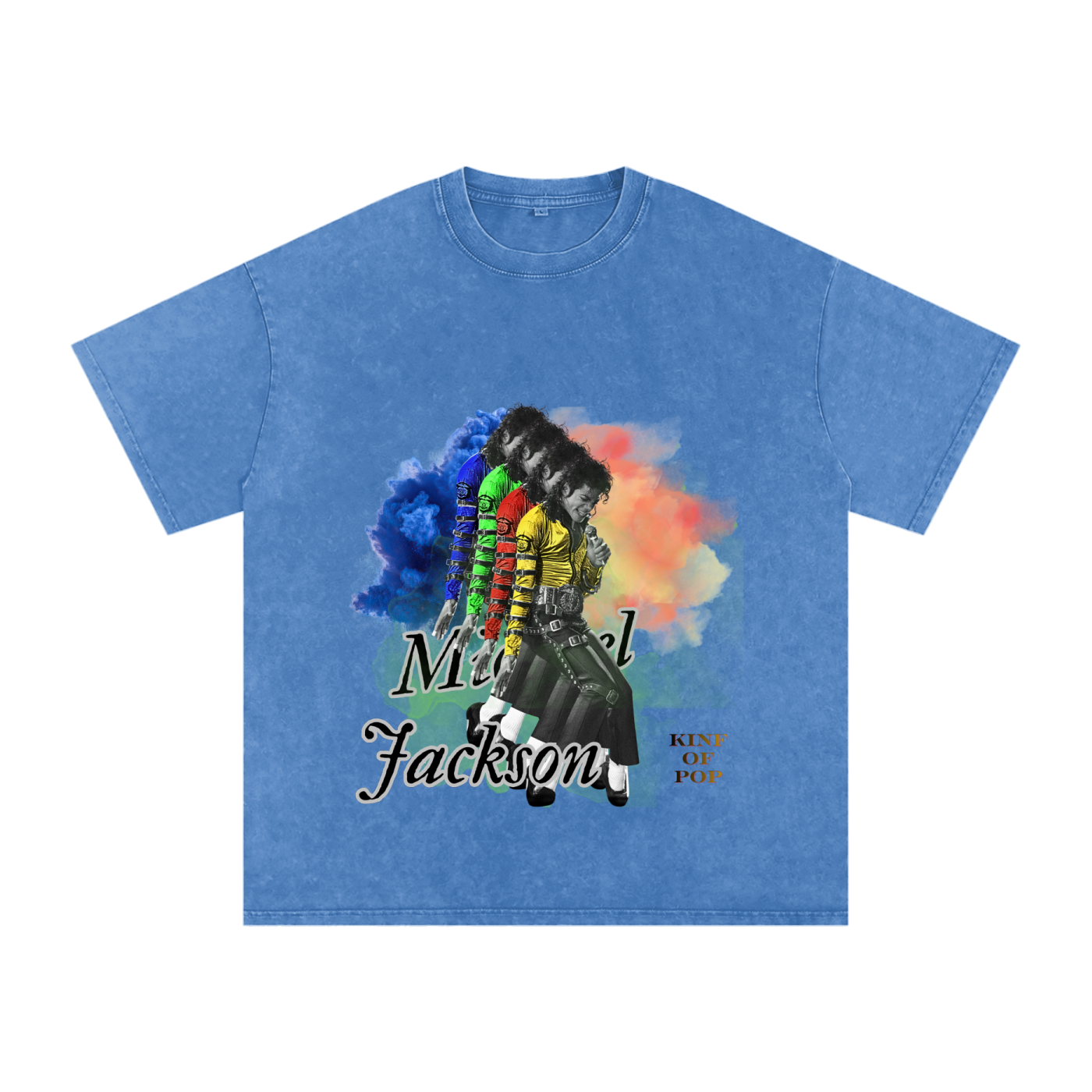 Blue t-shirt with Michael Jackson graphic and text on a white background