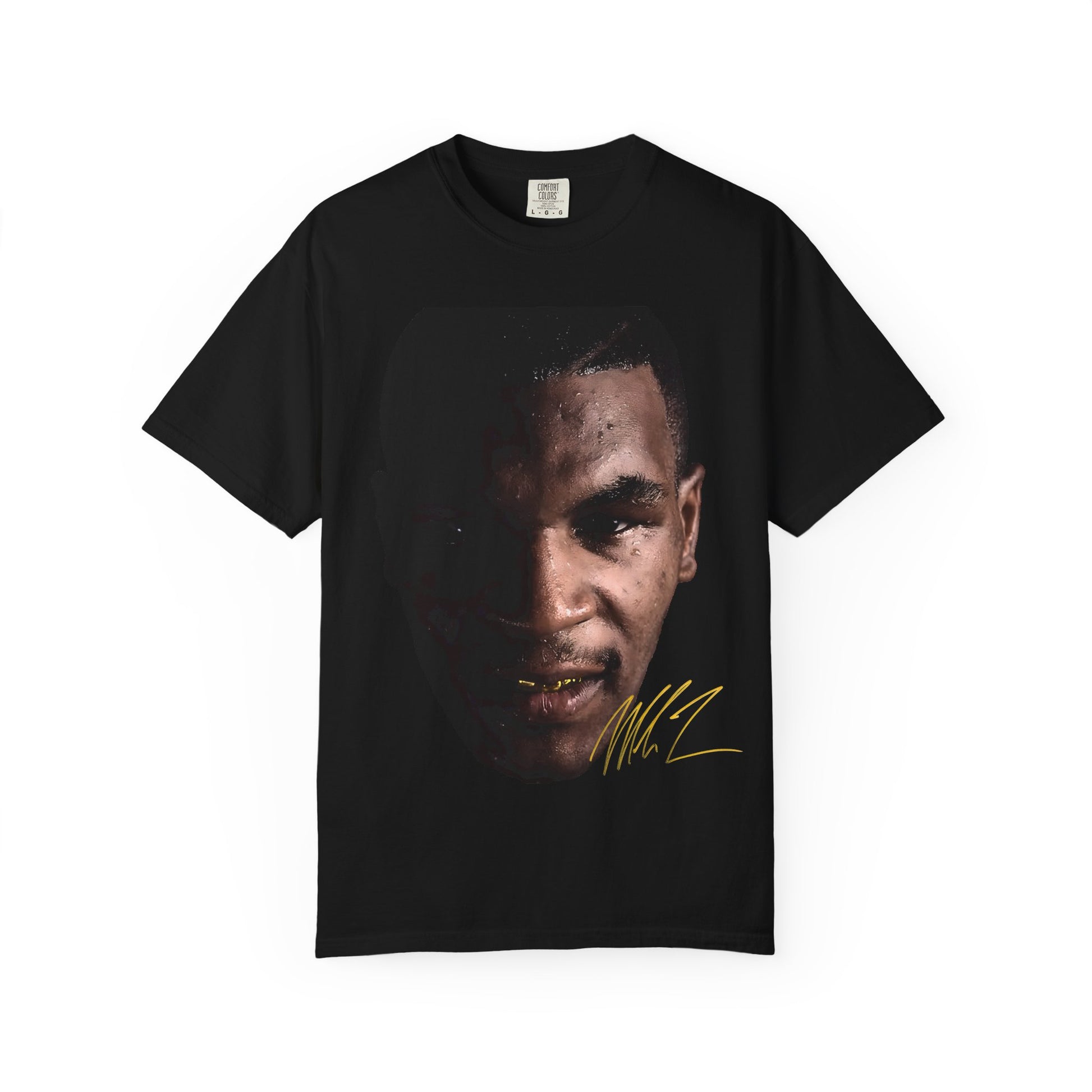 black Mike Tyson Big Face graphic tee with a graphic of a face and signature on a white background