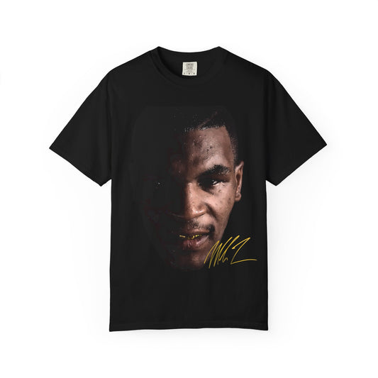 black Mike Tyson Big Face graphic tee with a graphic of a face and signature on a white background