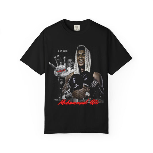 Black t-shirt with a graphic of a muhammad ali and text on a white background