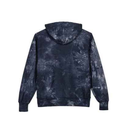 back Navy tie-dye hoodie featuring fun coffee graphic, modeled with hands in pockets