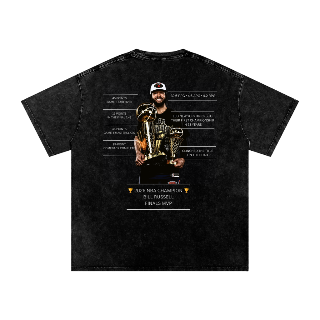 Back view of a washed-black New York Knicks championship shirt featuring Jalen Brunson, two trophies and Finals MVP details.