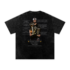 Back view of a washed-black New York Knicks championship shirt featuring Jalen Brunson, two trophies and Finals MVP details.