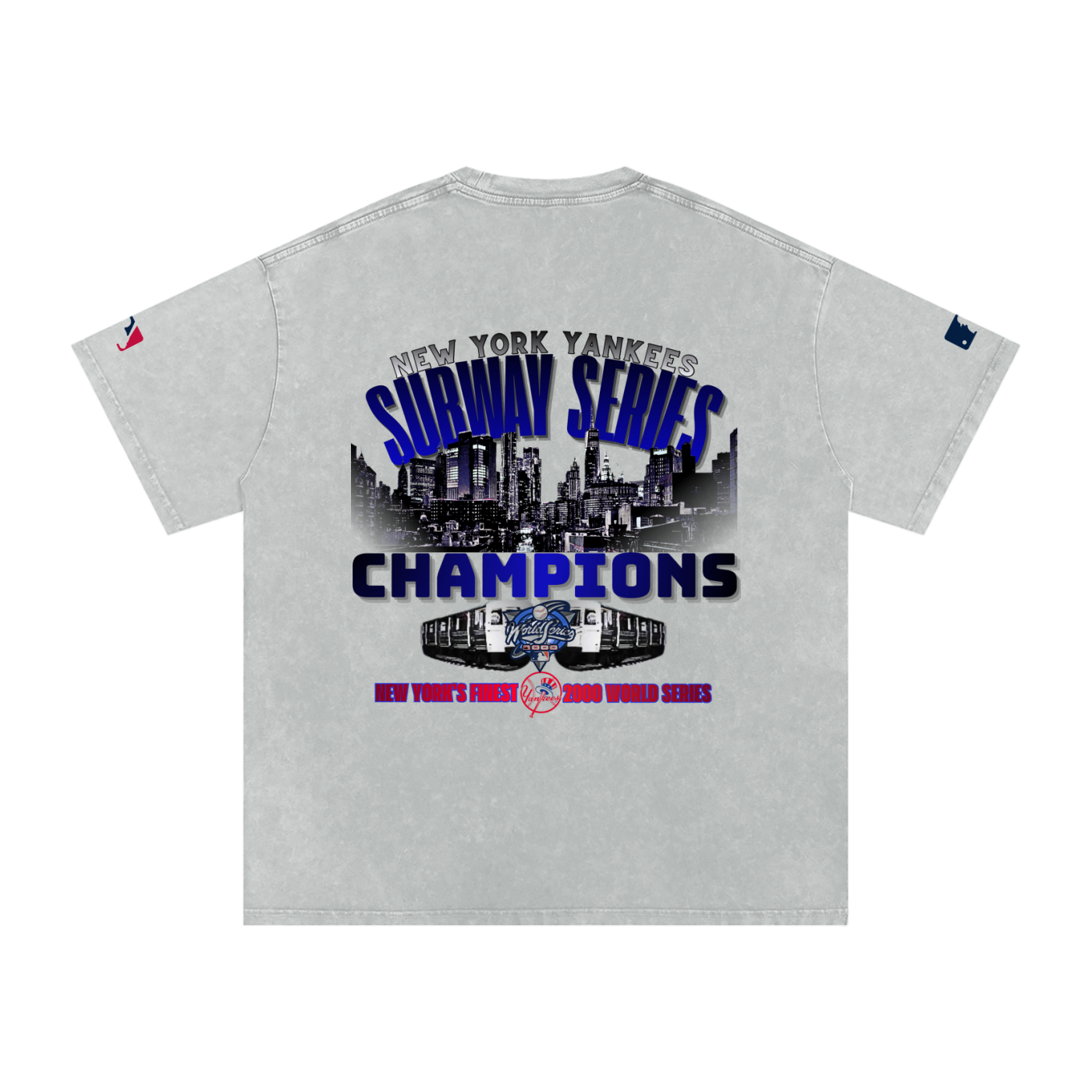 Back view of a snow-washed gray New York Yankees 2000 World Series championship T-shirt with skyline and championship ring graphics.