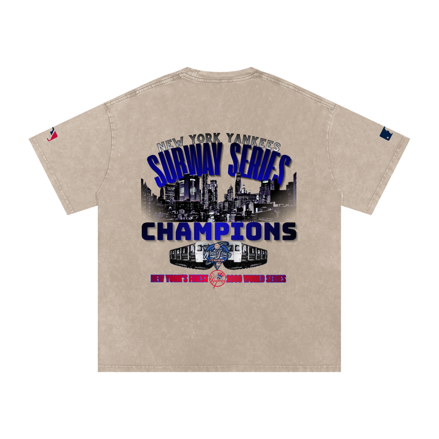 Back of a snow-washed beige Yankees T-shirt with a New York skyline, 2000 World Series ring and Champions lettering.