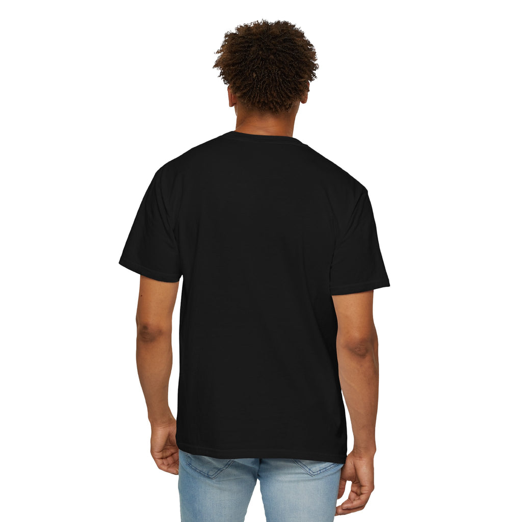 back of man wearing a black t-shirt on a white background