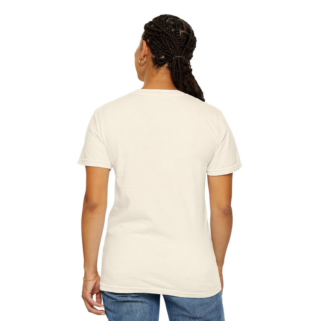back of woman wearing a plain ivory t-shirt on a white background