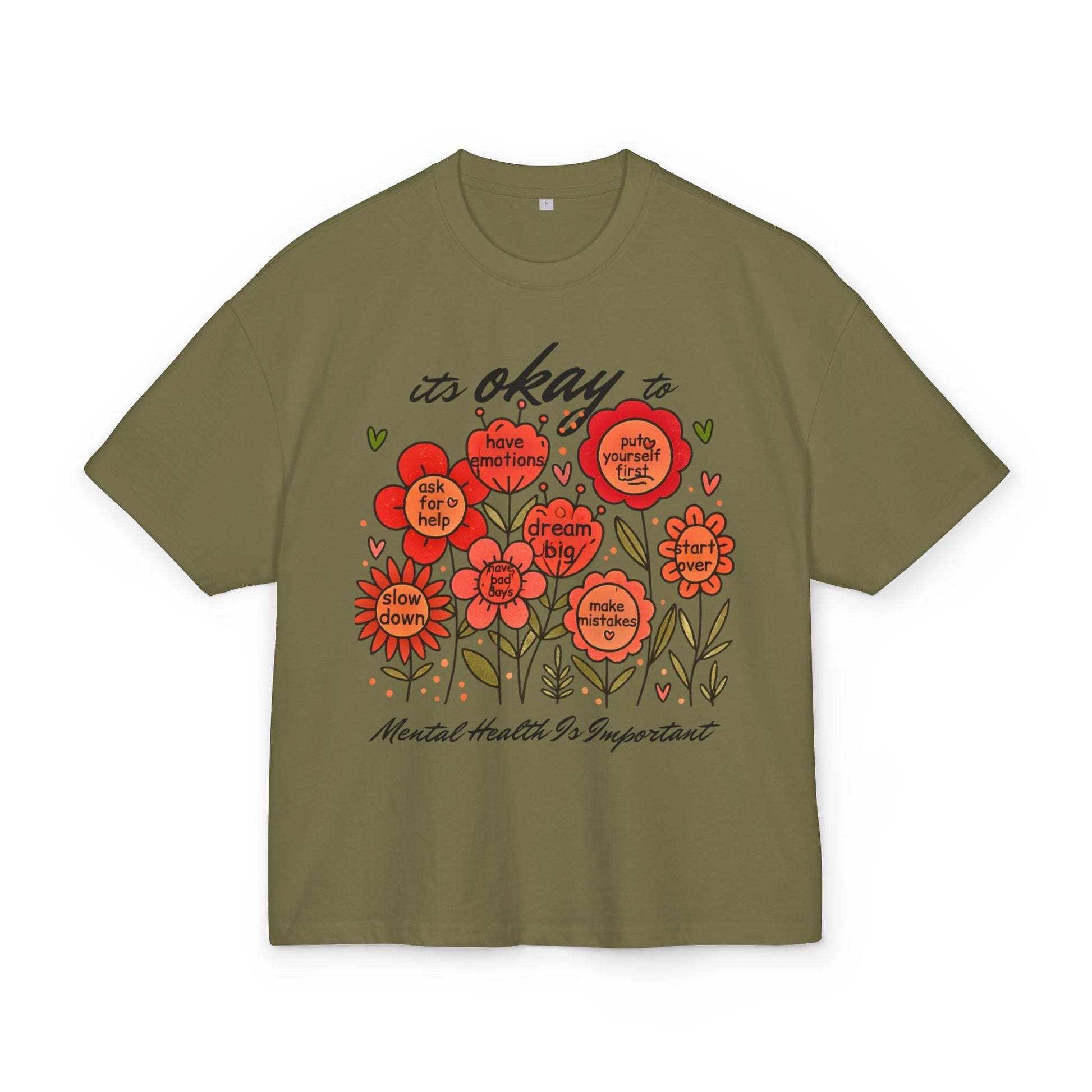 Green t-shirt with floral design and motivational text on a white background