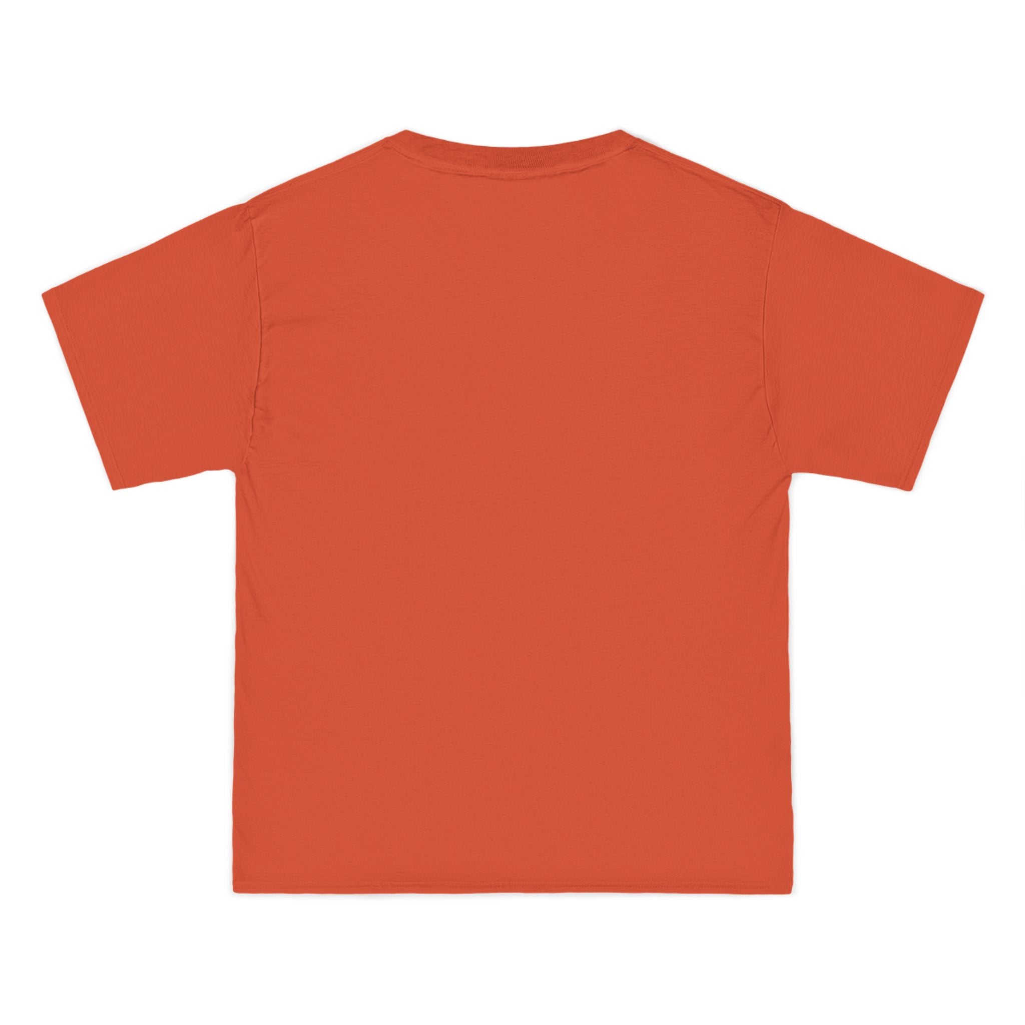 Back view of an orange t-shirt on a white background