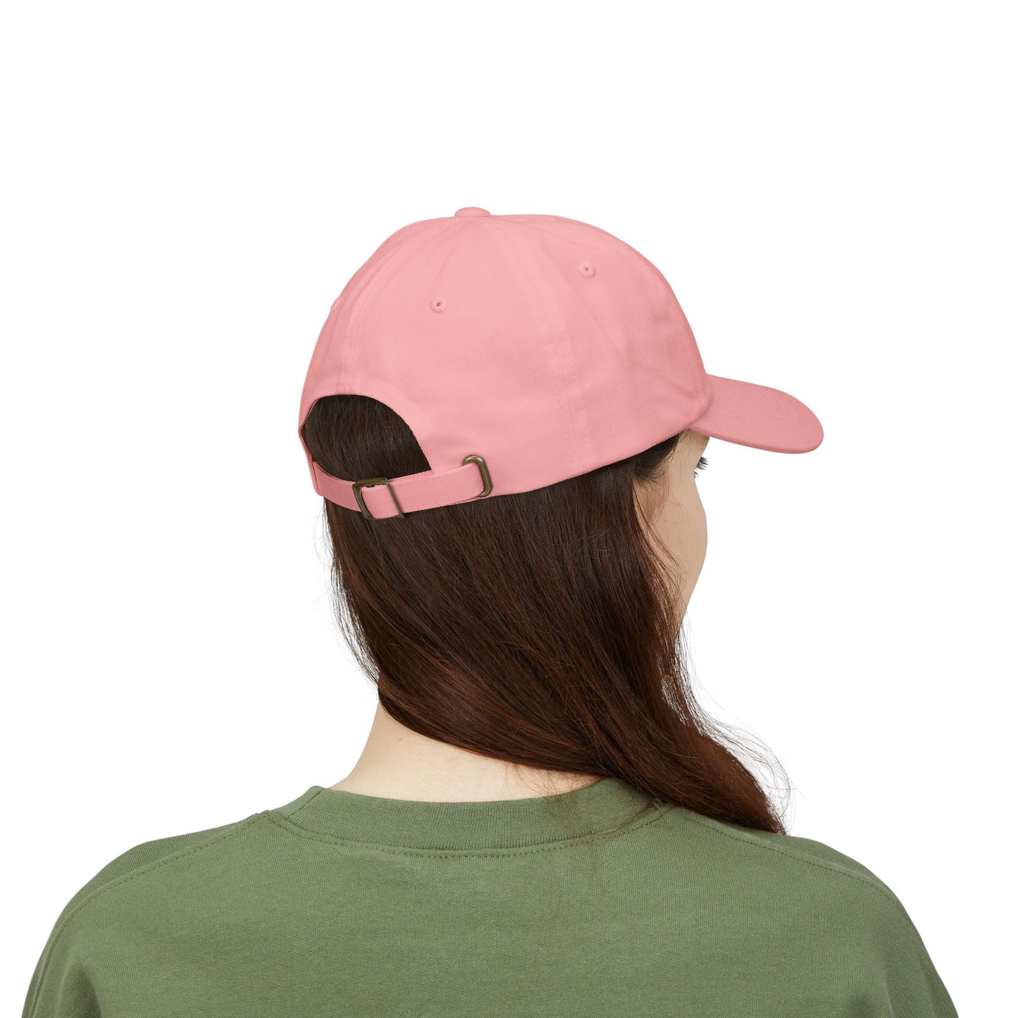 back of Woman in pink cap in a green sweatshirt