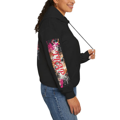 right sleeve of woman wearing a black hoodie graphic with colorful graphics and text trap