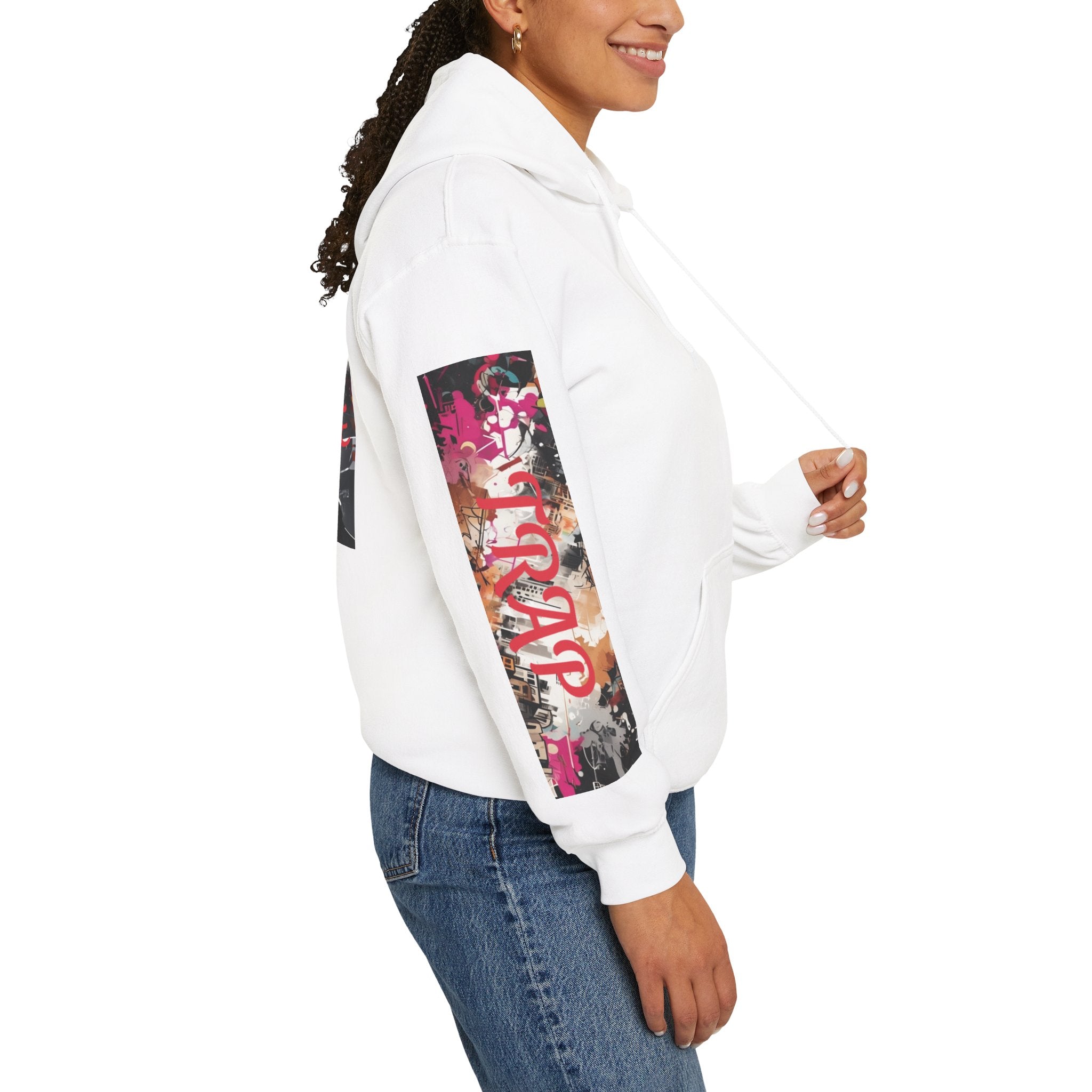 right sleeve of Person wearing a white graphic hoodie with colorful graphic sleeves and trap text