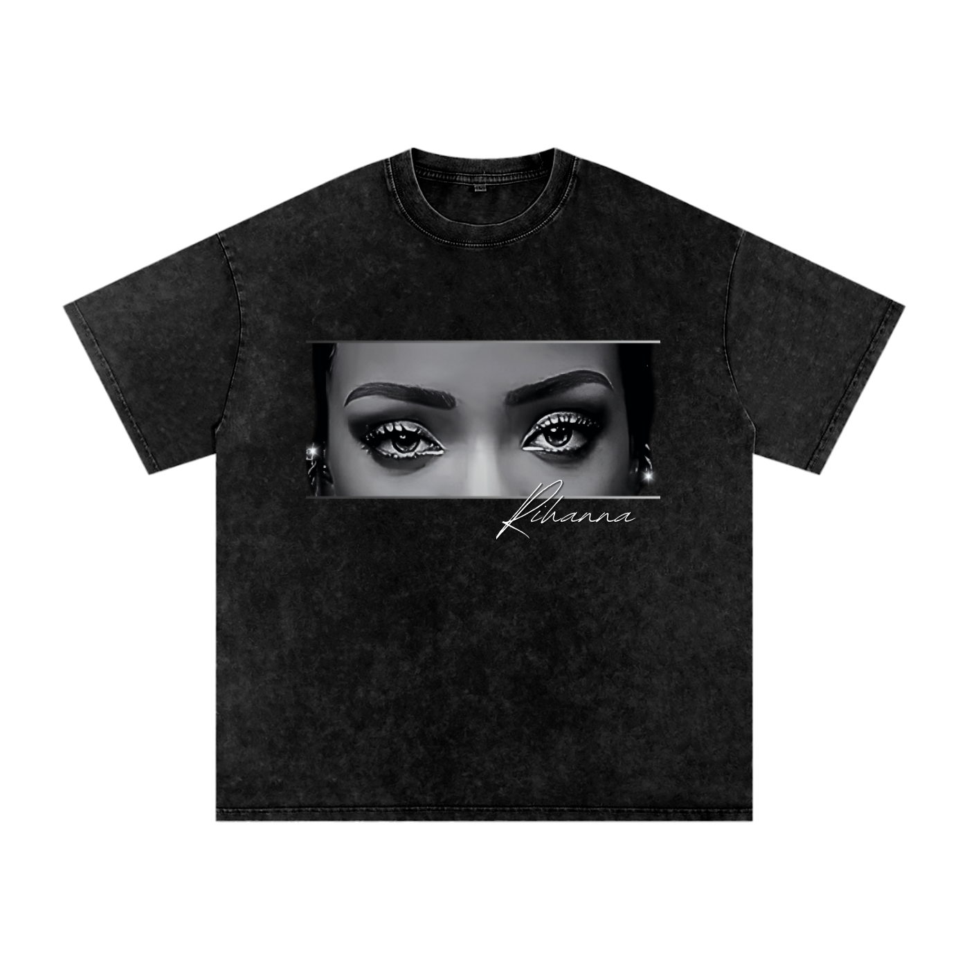 Oversized snow-washed Rihanna T-shirt featuring a close-up black-and-white image of her eyes with white signature lettering.