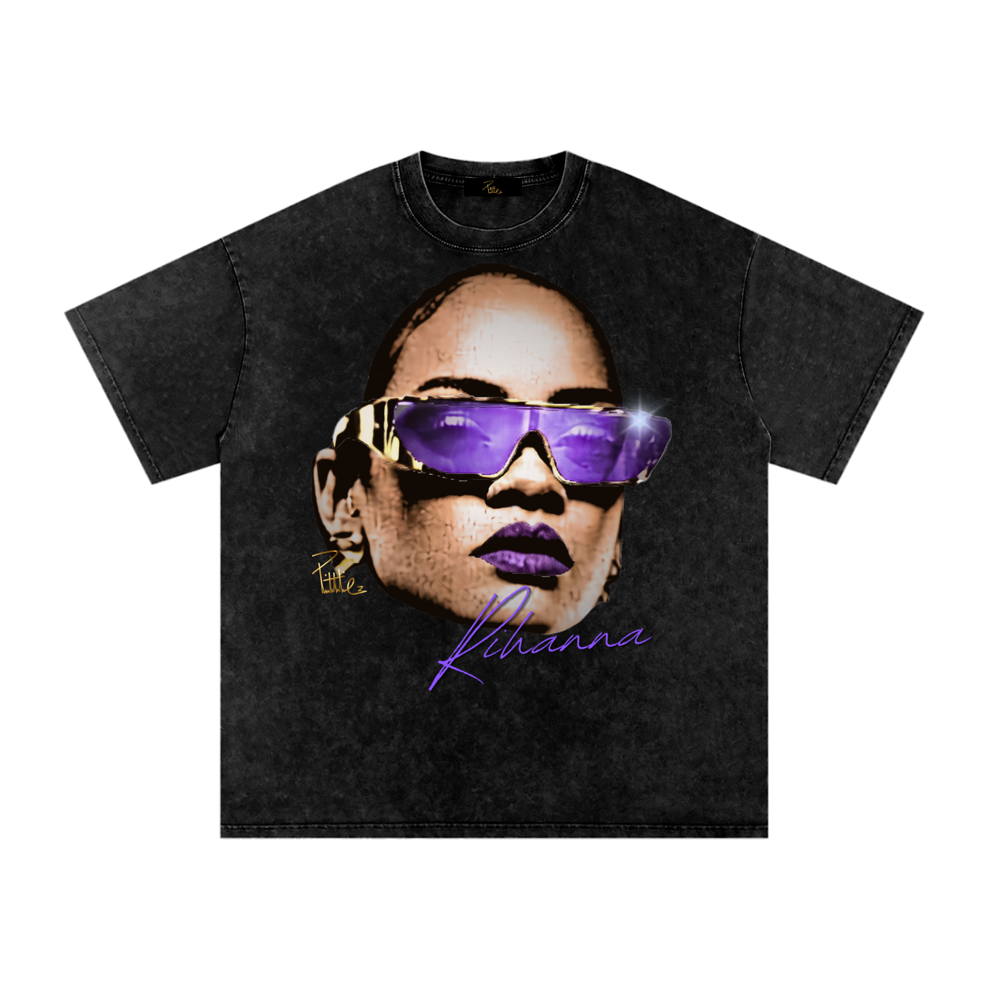 Washed-black oversized Rihanna T-shirt featuring a large portrait with purple sunglasses, matching lipstick and purple script.