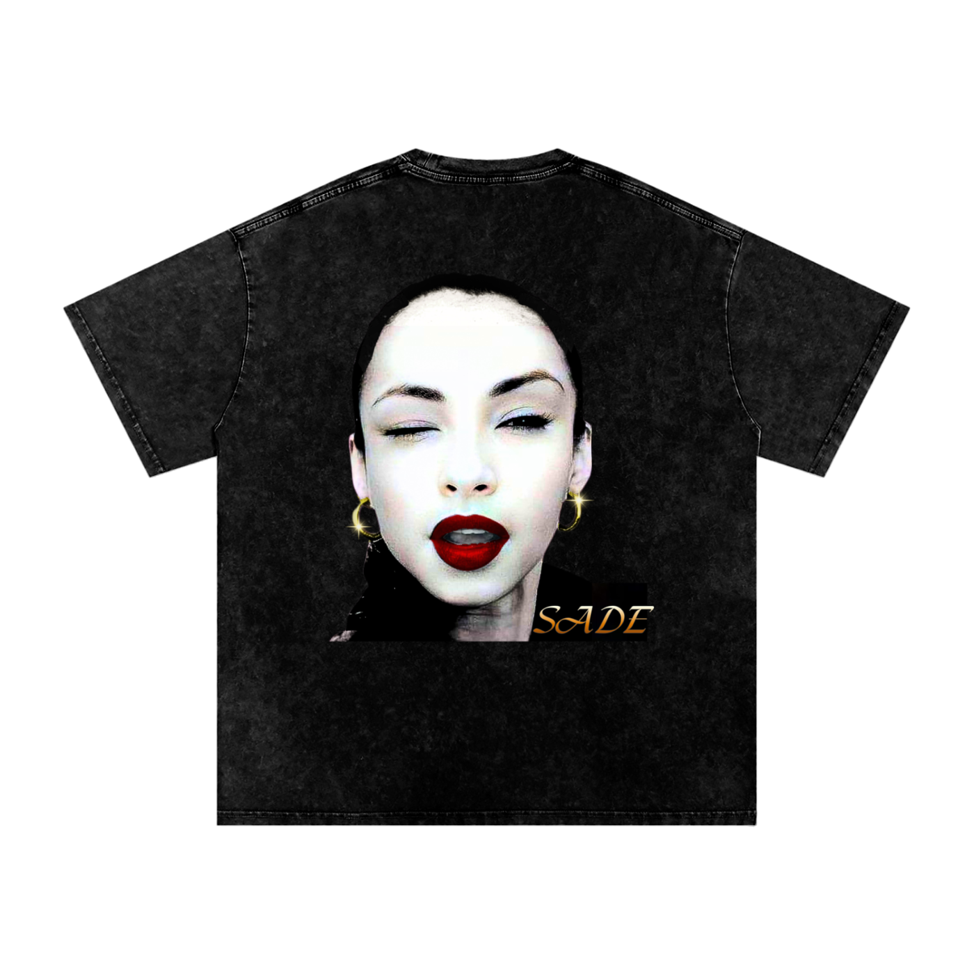 Oversized graphic tshirt featuring a bold Sade portrait on a snow washed black tee by PchillThreadz