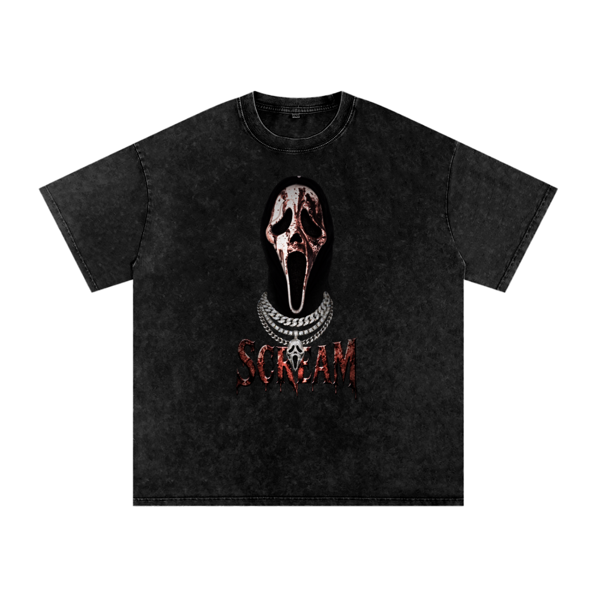 Black snow-washed Scream graphic tee featuring a blood-splattered Ghostface mask in a black hood, layered silver chains and distressed red Scream lettering.