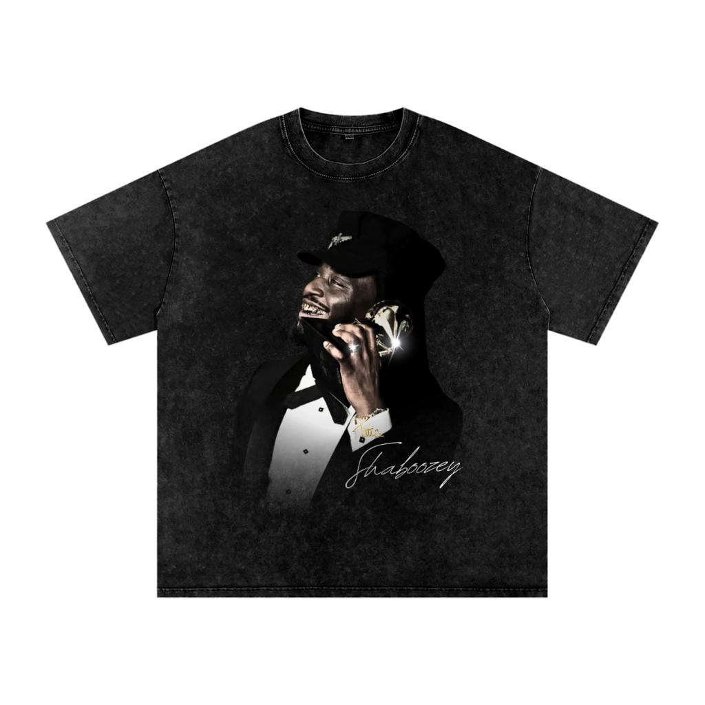 Washed-black oversized Shaboozey T-shirt featuring the artist in a tuxedo and black cowboy hat holding a gold telephone.