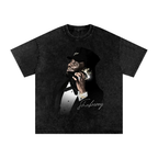 Washed-black oversized Shaboozey T-shirt featuring the artist in a tuxedo and black cowboy hat holding a gold telephone.