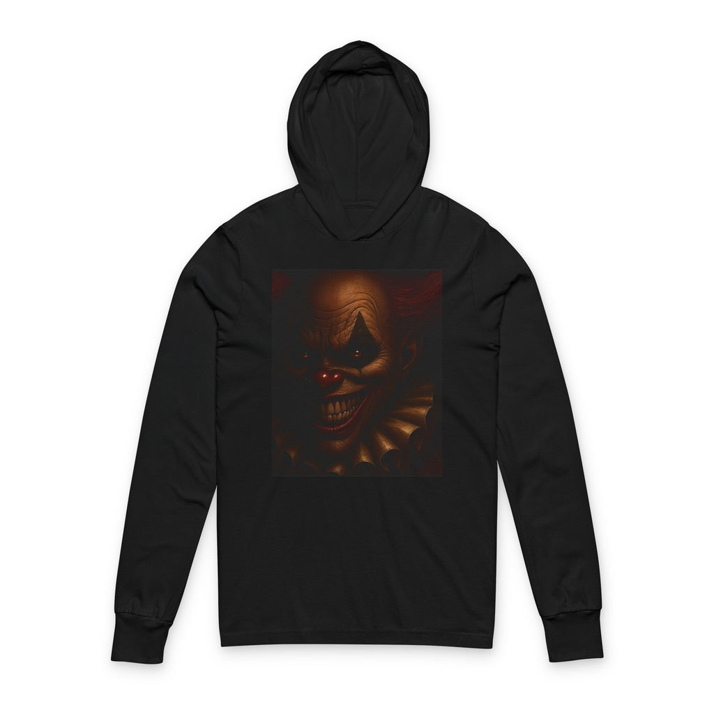 Black hoodie with a clown graphic on the back against a white background