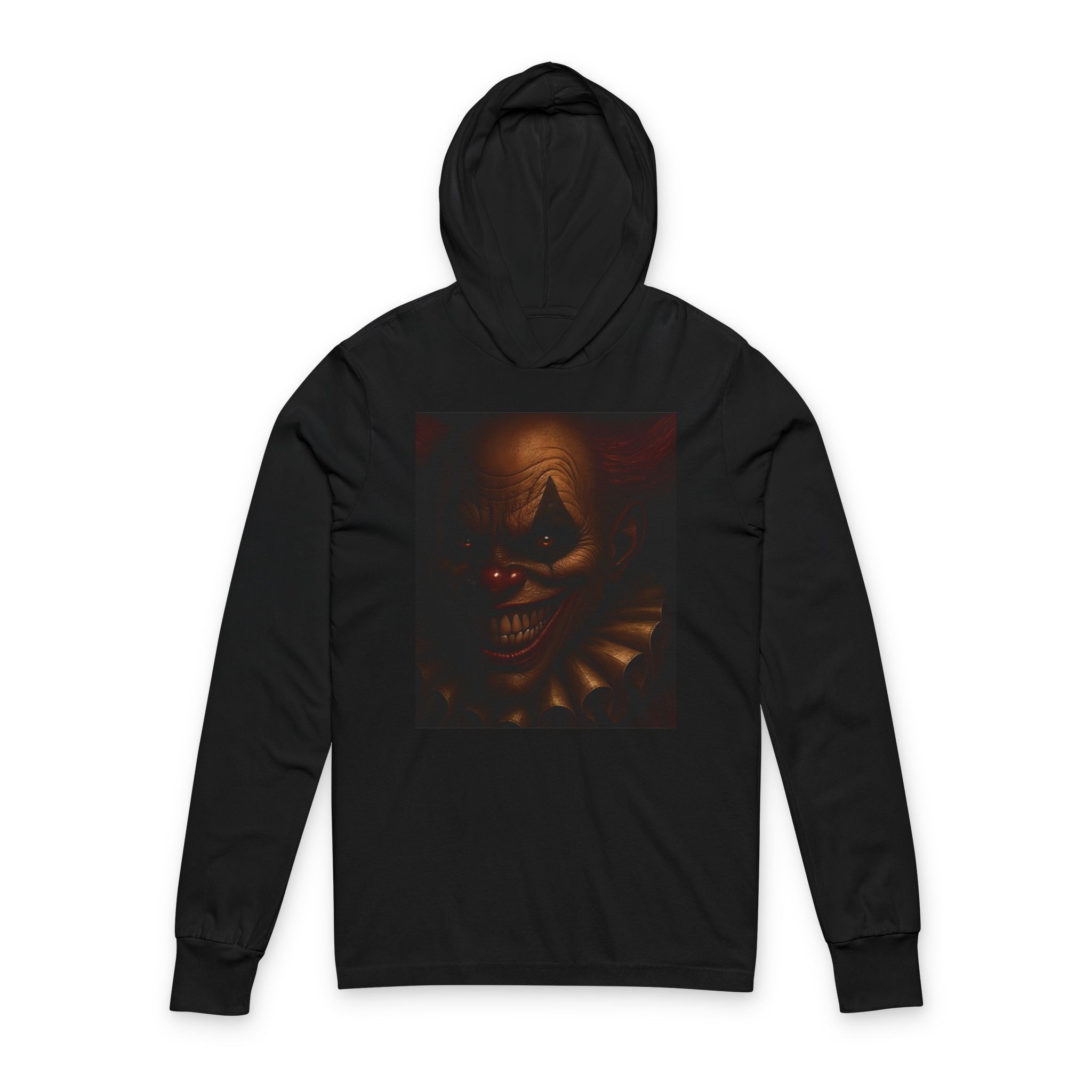 Black hoodie with a clown graphic on the back against a white background