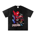 Spider Man graphic tee with red and blue comic artwork on washed black oversized T-shirt