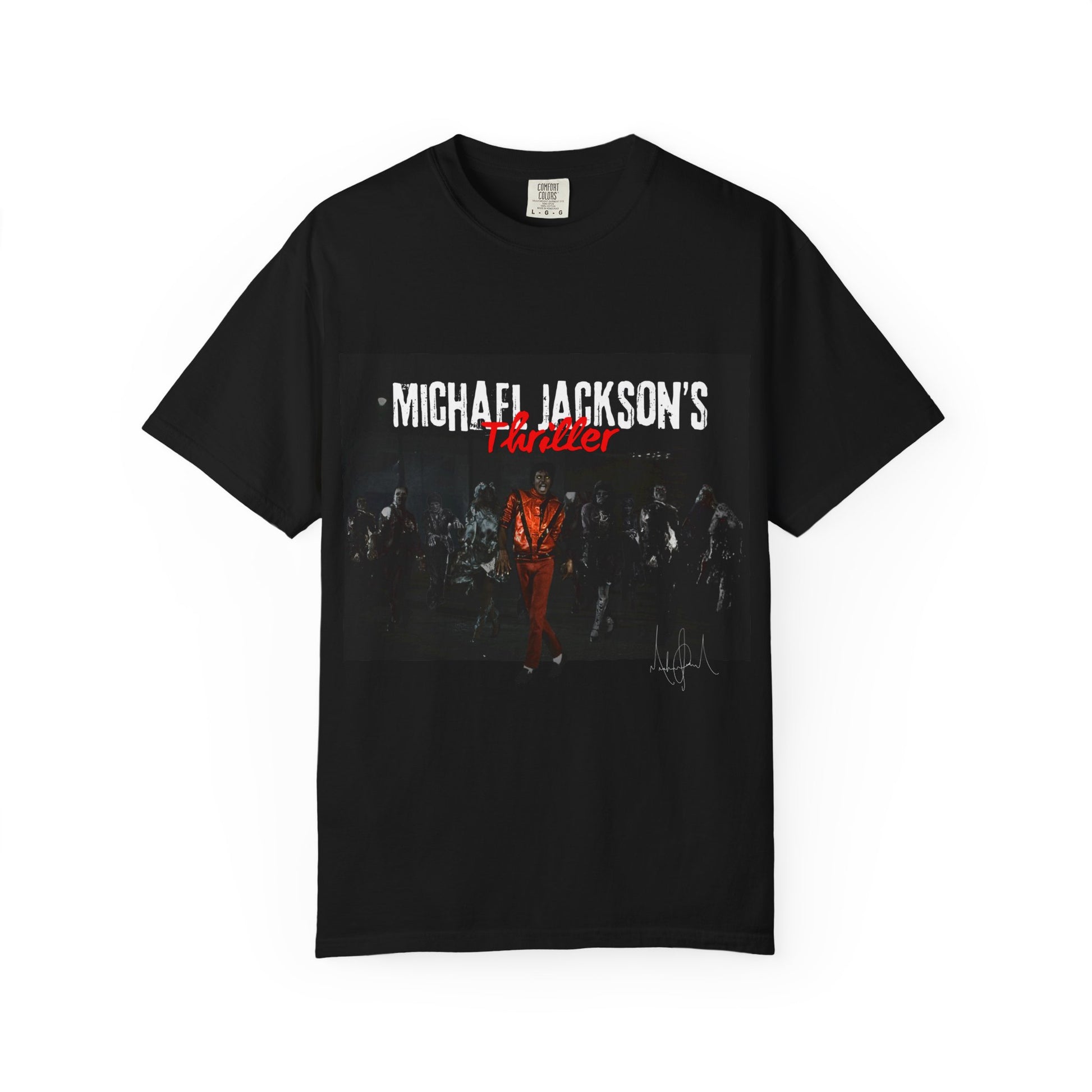 Black t-shirt with Michael Jackson graphic and text on a white background