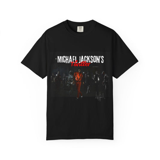 Black t-shirt with Michael Jackson graphic and text on a white background