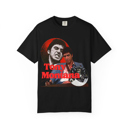 Black graphic t-shirt with 'Tony Montana' graphic design on a white background