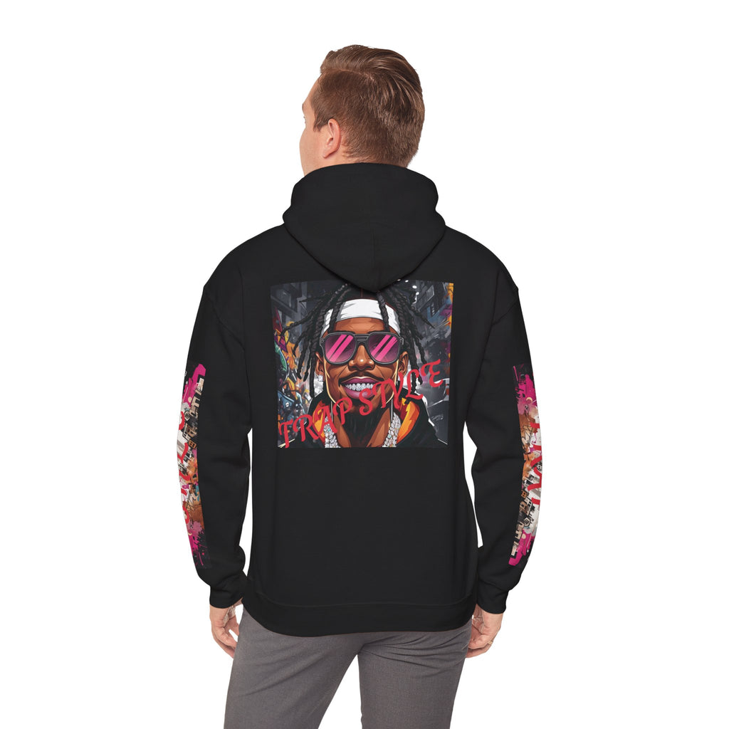 Black graphic hoodie with colorful graphic on the back worn by a man, on a white background