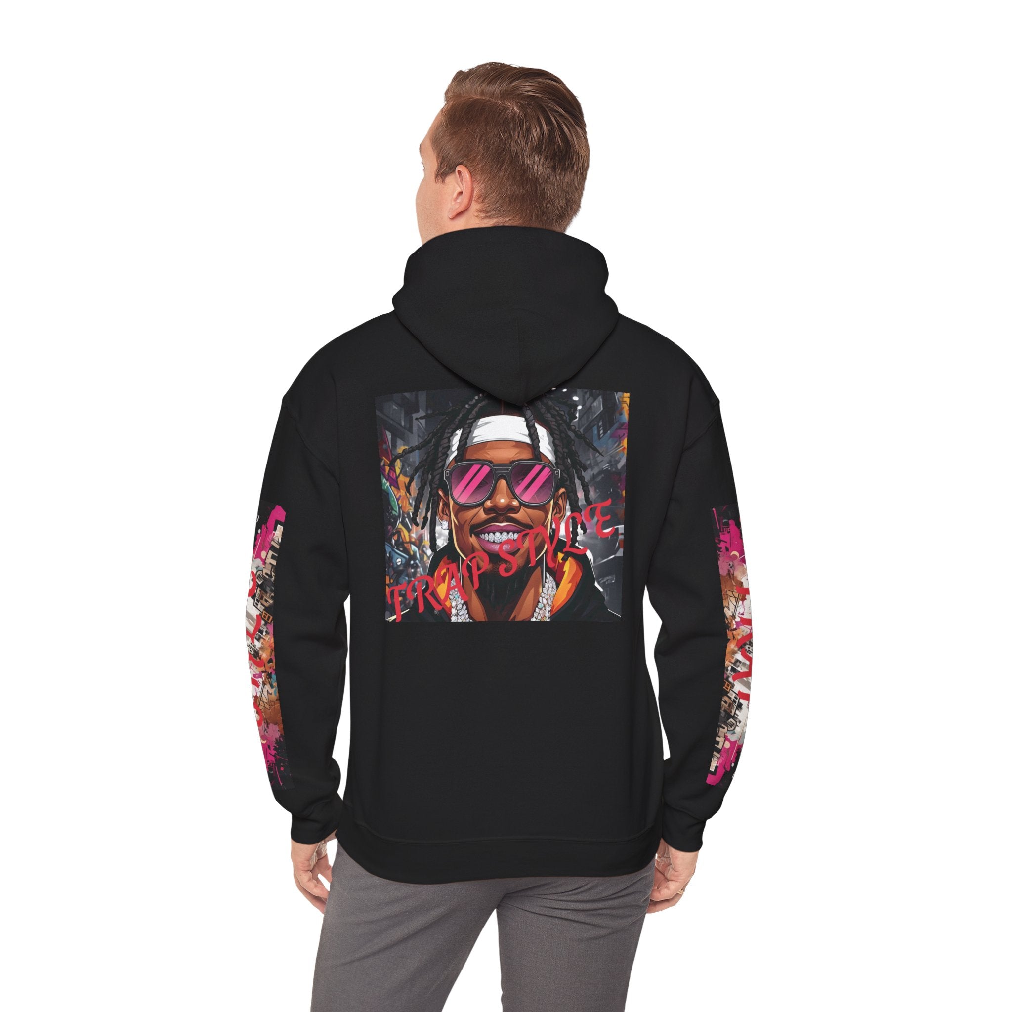 Black graphic hoodie with colorful graphic on the back worn by a man, on a white background