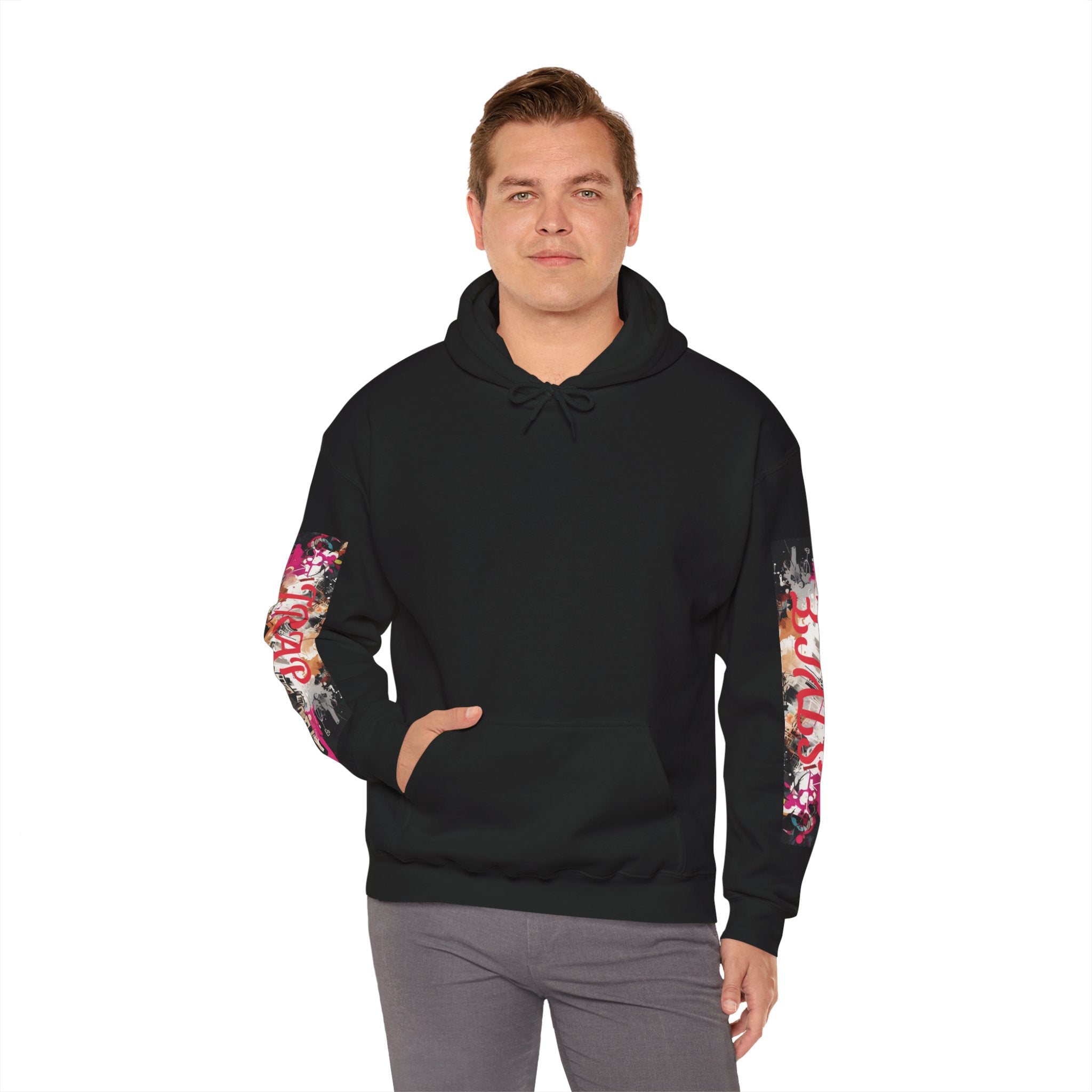 Man wearing a black graphic hoodie with colorful sleeves on a white background