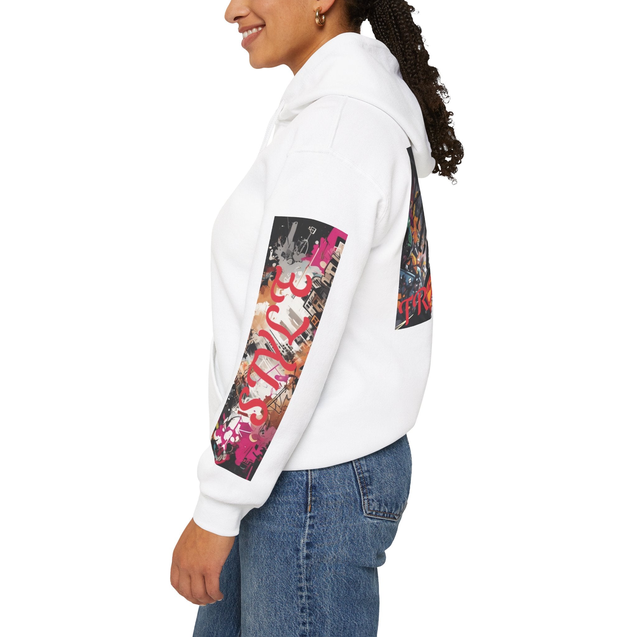 left sleeve of White graphic hoodie with colorful sleeves worn by a person on a white background