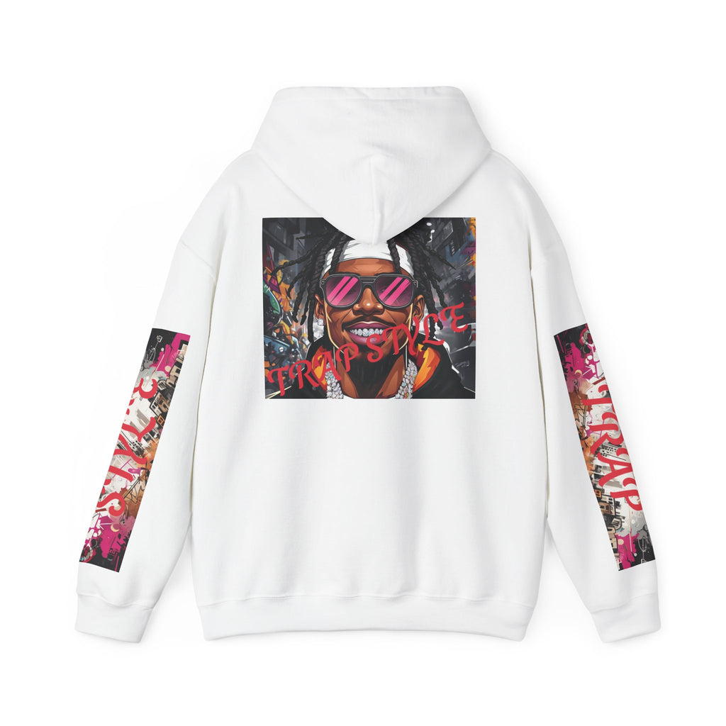 back of White graphic hoodie with graphic design on the back and sleeves