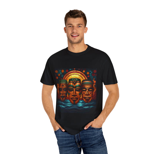 Man wearing a black t-shirt with a colorful graphic design on a white background