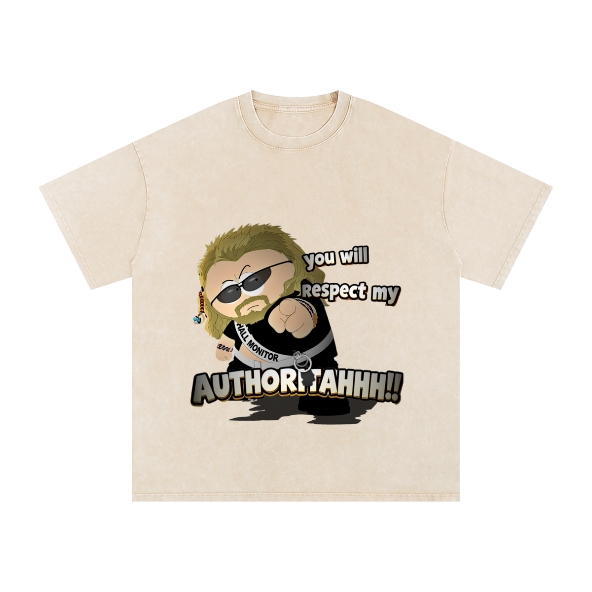 Union beige snow-washed graphic tee featuring a blond eric cartman wearing sunglasses and pointing forward beside “You Will Respect My Authoritah!!” text.