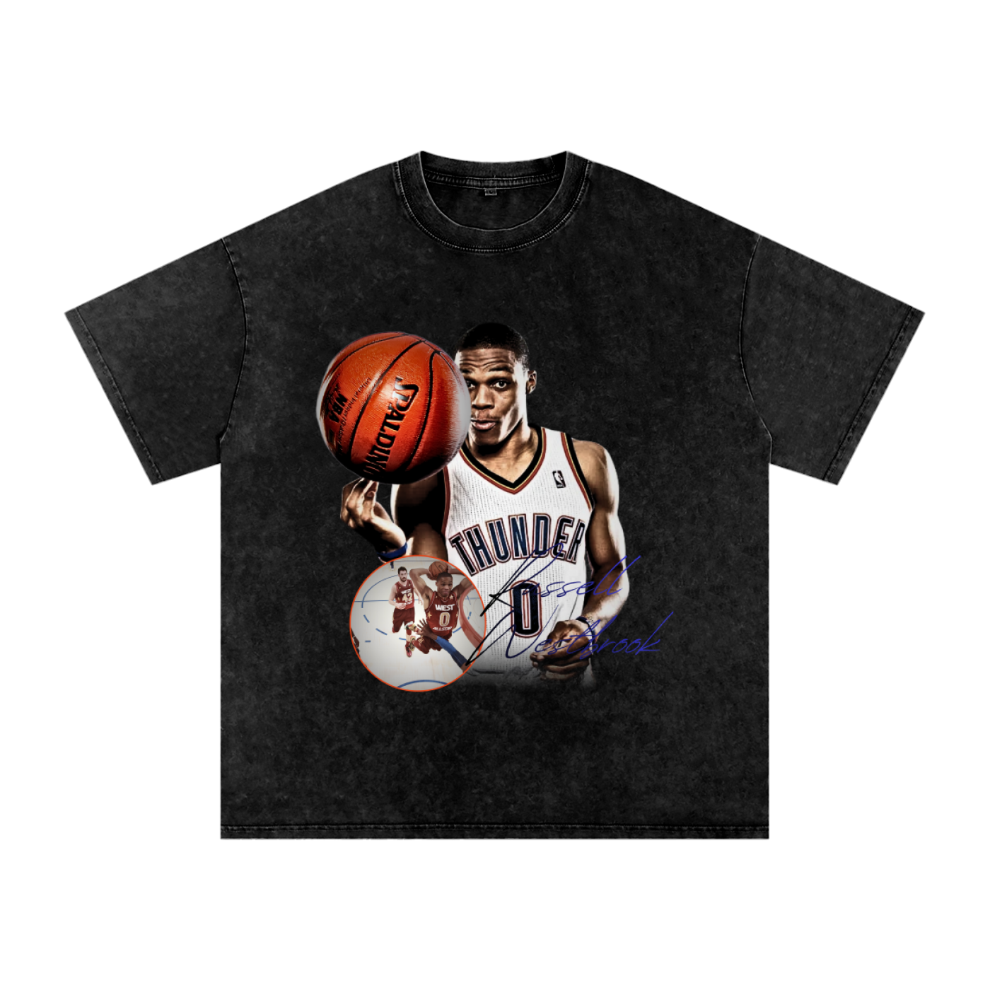 Russell Westbrook graphic t-shirt featuring vintage basketball artwork and a bold Westbrook basketball design on a black tee
