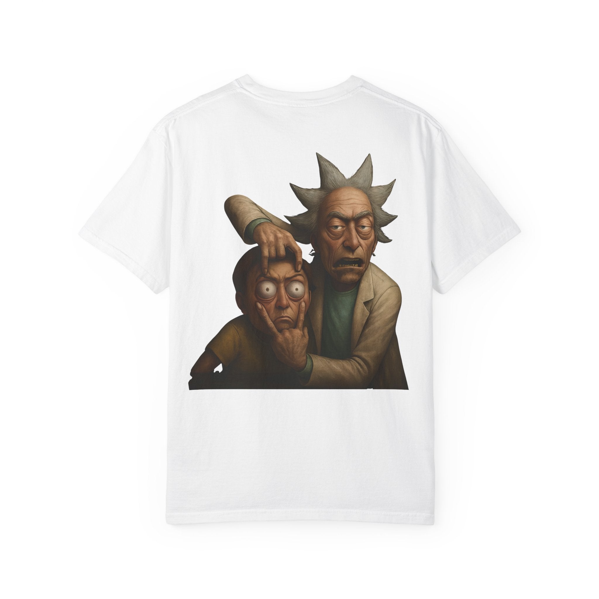 Back view of white t-shirt featuring Rick grabbing Morty’s face in a detailed cartoon illustration.