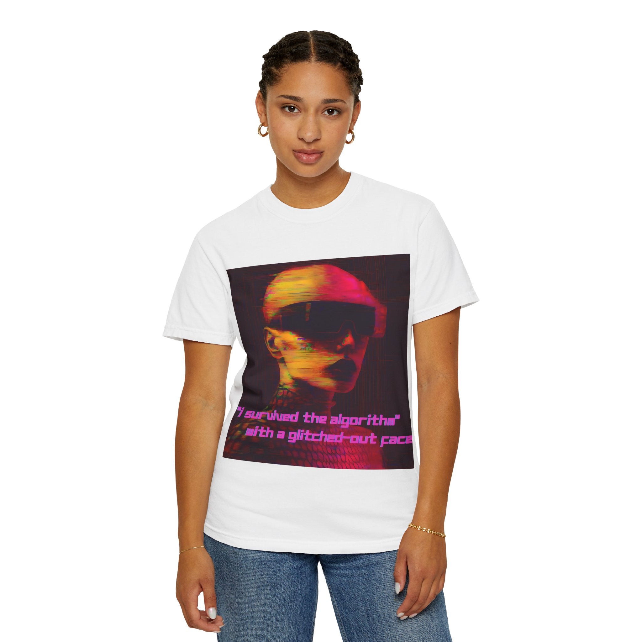 Model in a white t-shirt featuring a futuristic graphic of a woman in VR glasses with the phrase “I survived the algorithm.”