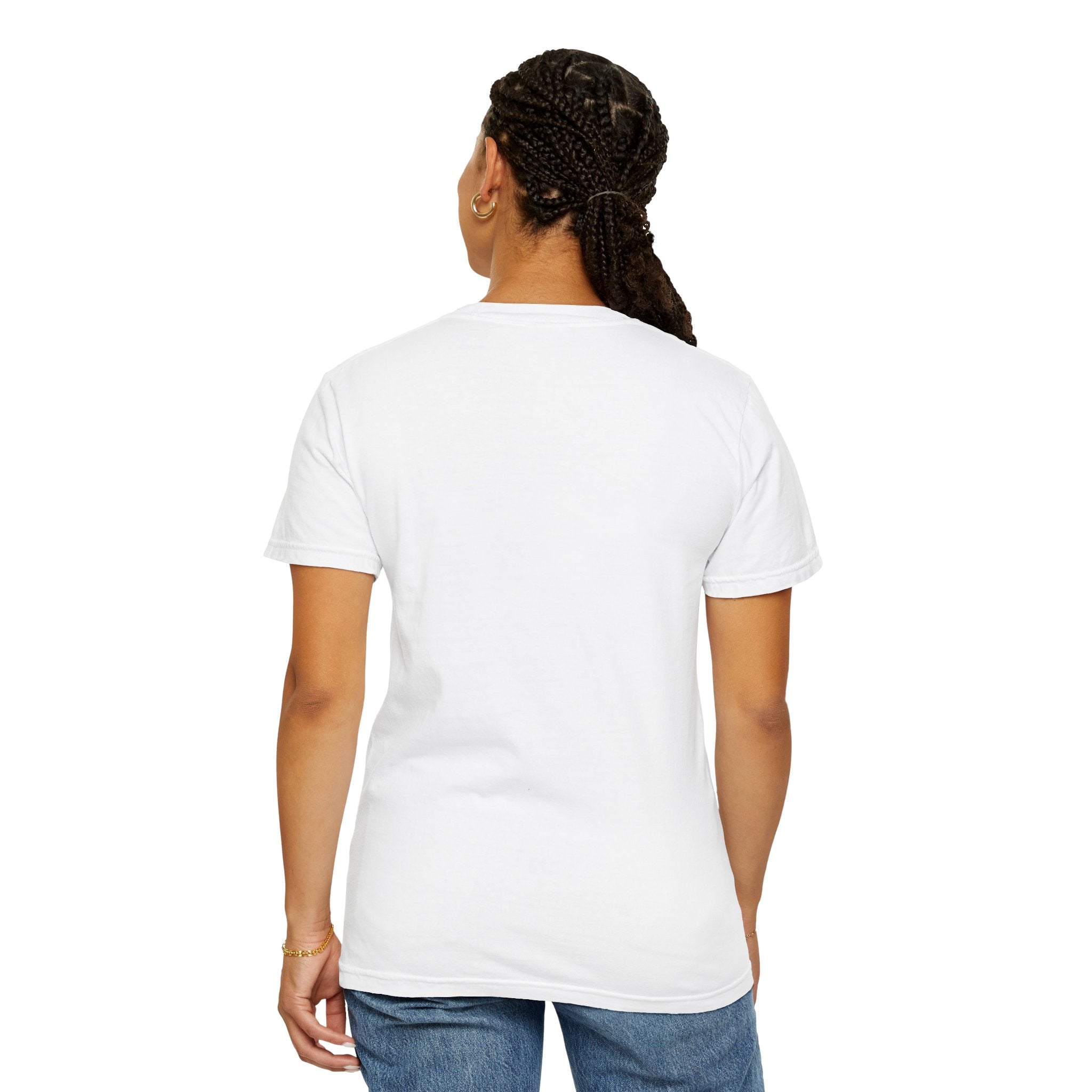 Rear view of a woman in a plain white tee and jeans