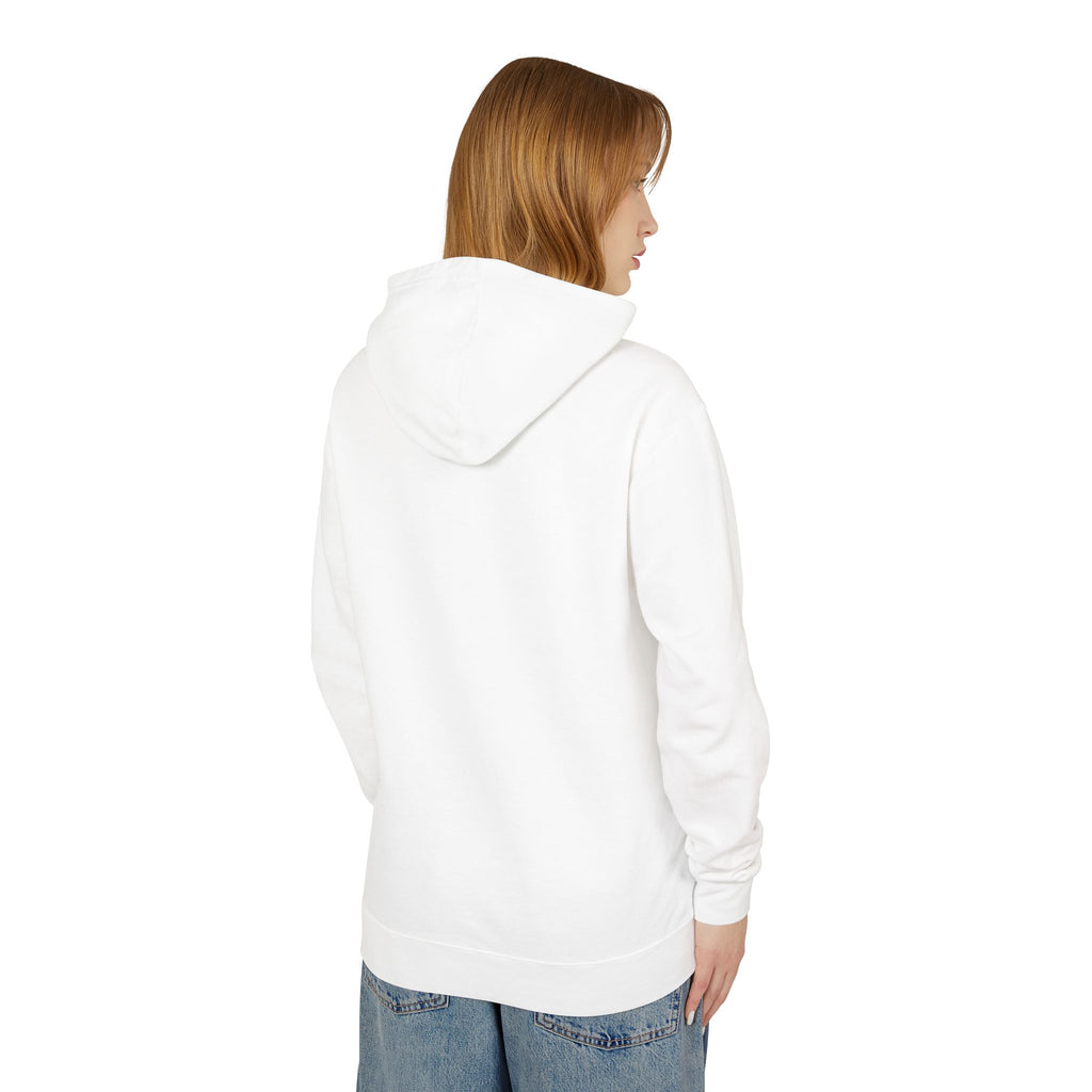 back of Person wearing a white hoodie on a white background