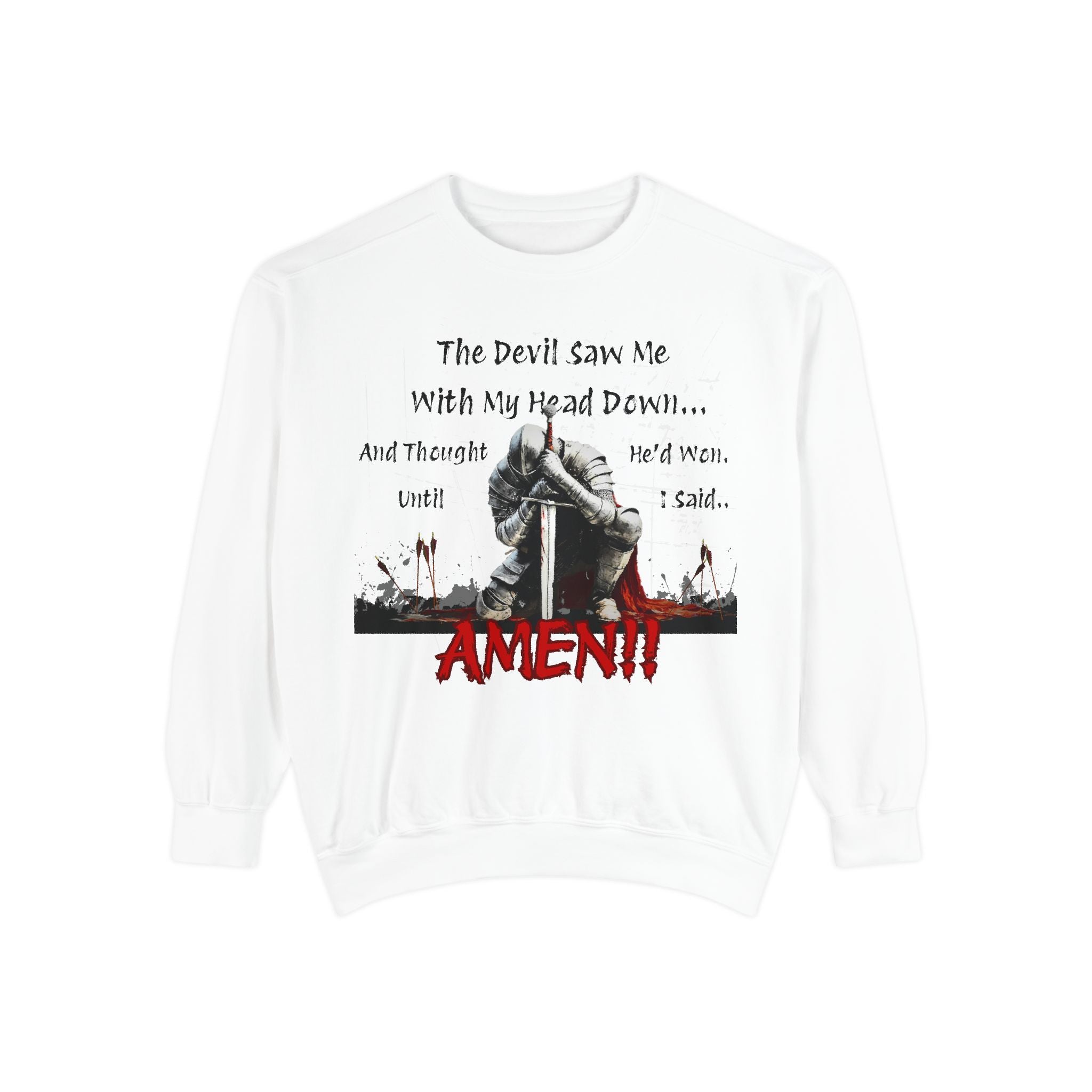 front of the Knight Head Down Graphic Sweatshirt in a white background