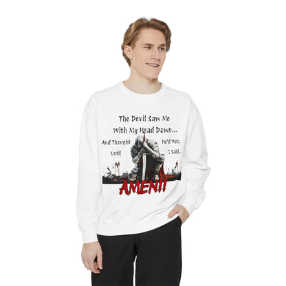 male wearing a white Knight Head Down Graphic Sweatshirt in a white background