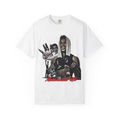 White t-shirt with a graphic of a muhammad ali and text on a white background