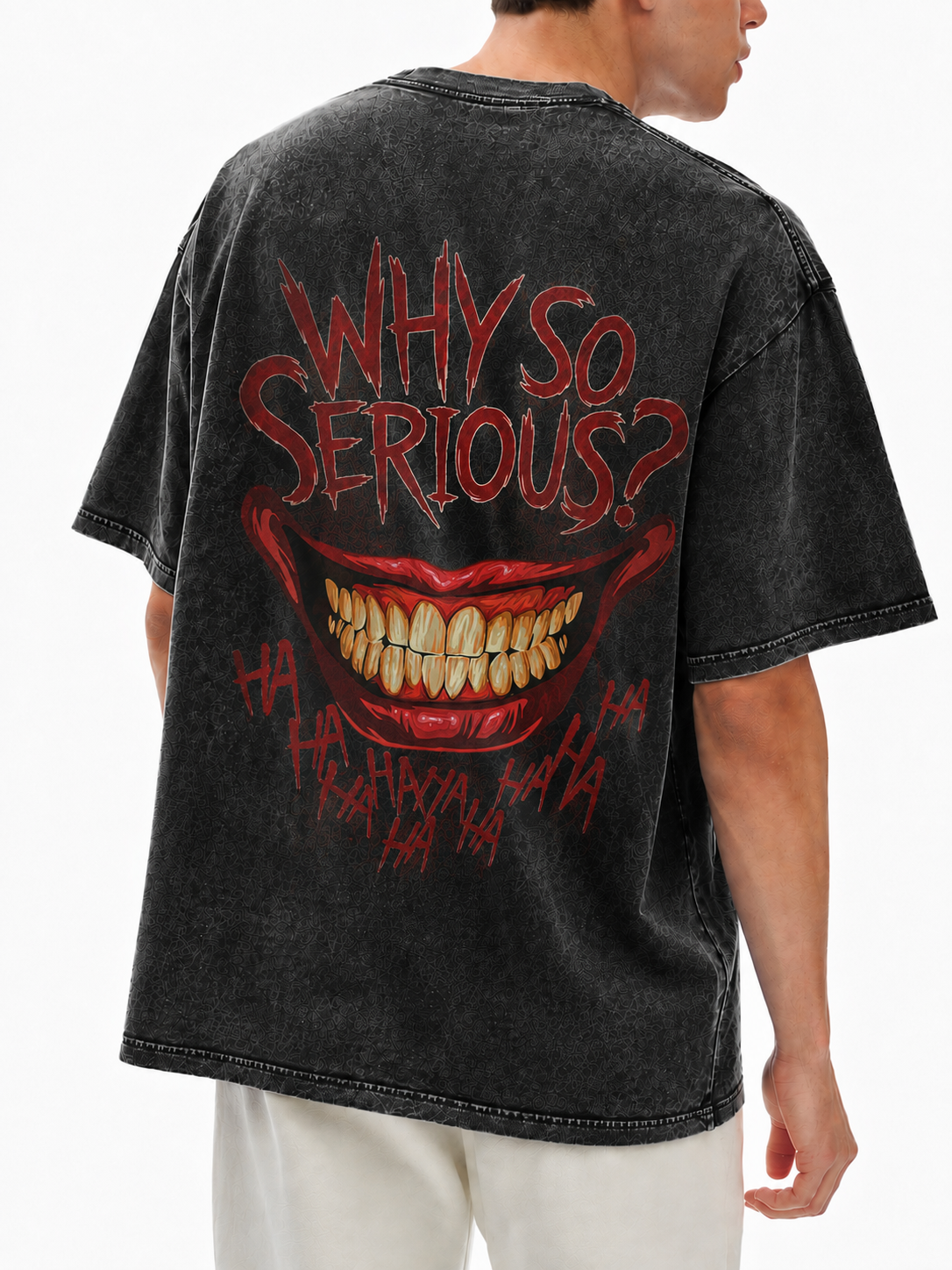 Black snow-washed Joker graphic t-shirt featuring large Why So Serious smile design on back
