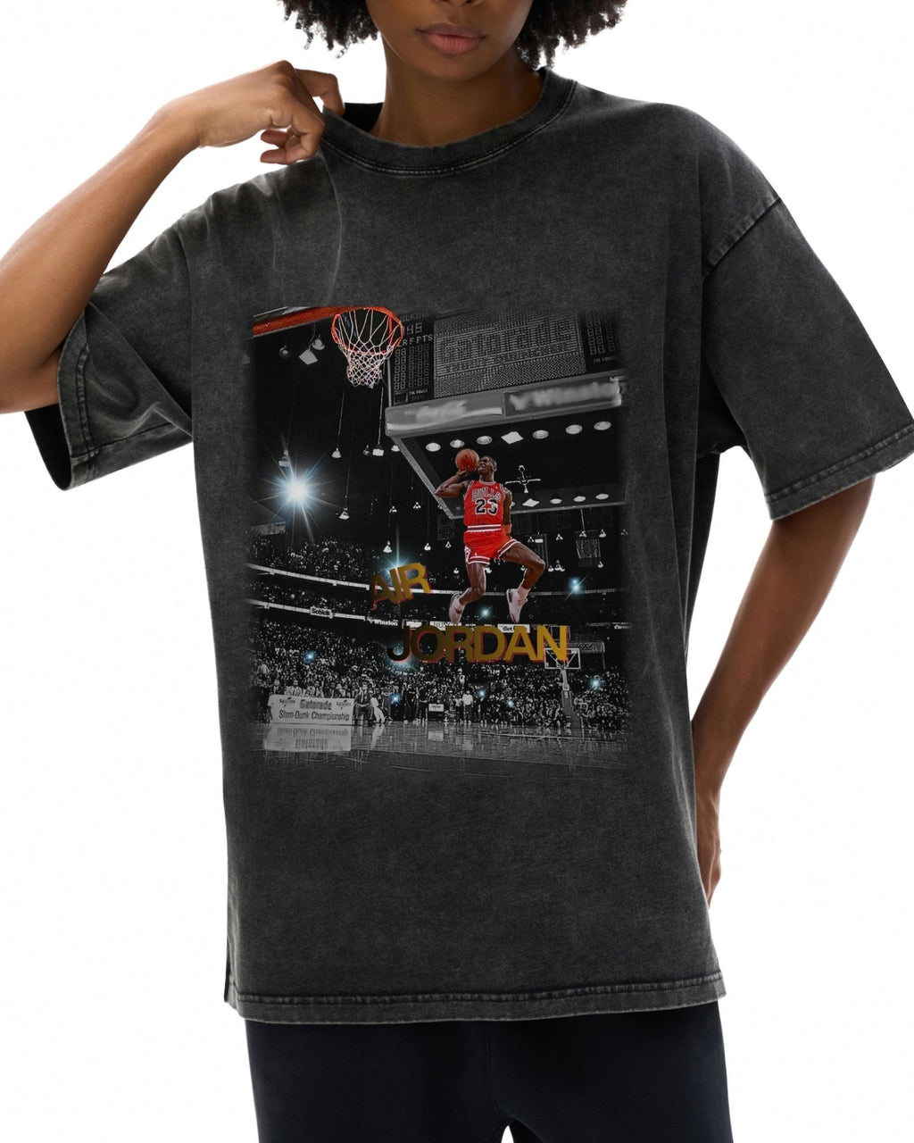 woman wearing a black t-shirt with a graphic of micheal jordan dunking a basketball
