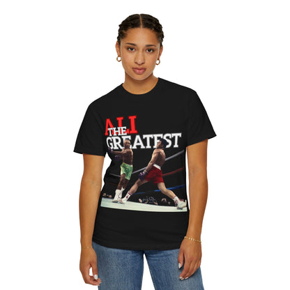woman wearing a black t-shirt with Ali graphic and on a white background